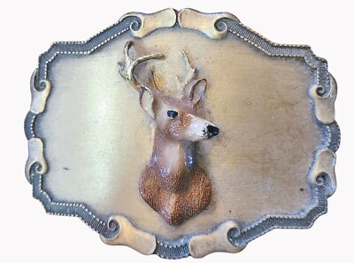 Vintage 1970s Raintree 3D Buck Deer Head Metal Belt Buckle 2.75 x3.75 Inch