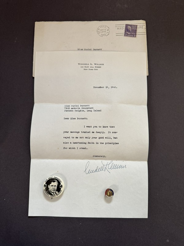 1940 Wendell L. Willkie,signed, Lot, Letter, Pins, Rare 3 Cent Jefferson Stamp
