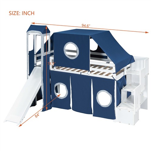 Twin Size Wood Loft Bed with Slide,Tent, Tower & Storage Staircase for Kids Blue - Picture 2 of 18