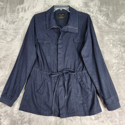 Love Tree Womens Linen Blend Utility Jacket S Blue Denim Zip Button Cargo  Coat