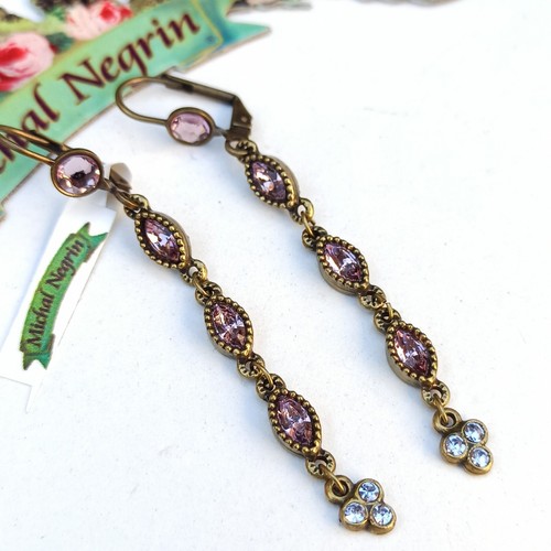 Michal Negrin Earrings Long Dainty With Lavender Swarovski Crystals Gift Box New - Picture 10 of 12