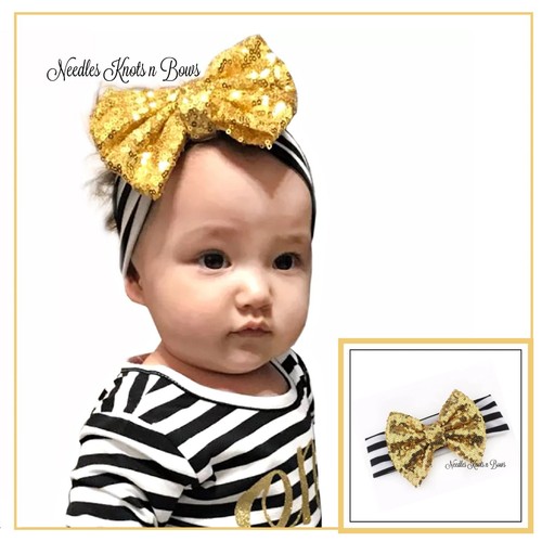 Girls Gold Sequin Bow on Black and White Elastic Headband, Baby Toddler Hair Bow - Picture 4 of 4