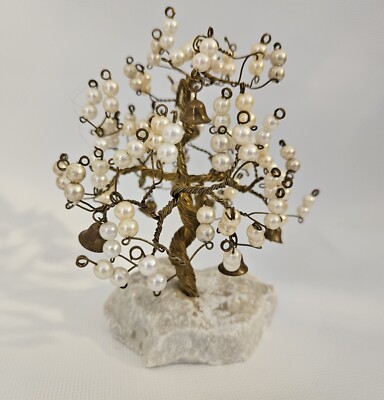 Vintage 5''Tree Of Treasures White Pearl Brass Bells Twisted Wire on Marble Base 