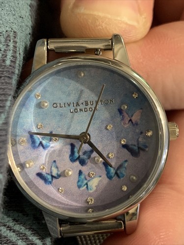 Olivia Burton Blue Butterflies & Pearl Midi Dial Silver Mesh Strap Watch NEW - Picture 1 of 4