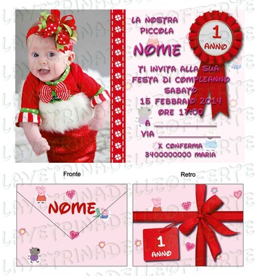 10 Inviti Foto Busta Invito Festa Compleanno Party Bimba Peppa Pig 1 Anno Ebay
