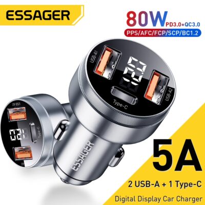 Essager 80W USB Car Charger QC3.0 Type C PD Fast Charge For iPhone 16 15 Samsung