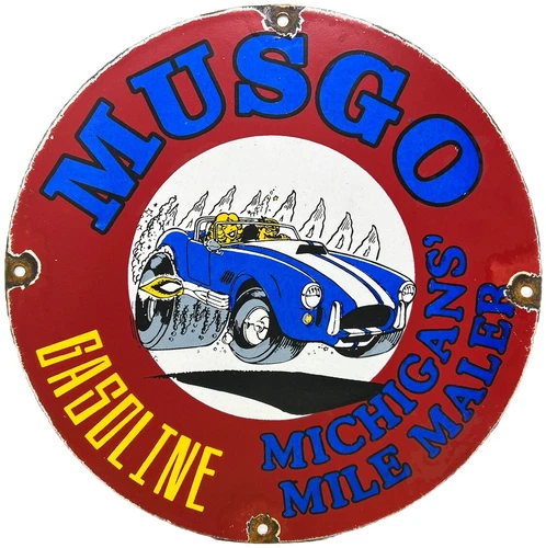 VINTAGE MUSGO GASOLINE PORCELAIN SIGN GAS STATION PUMP MOTOR OIL SERVICE