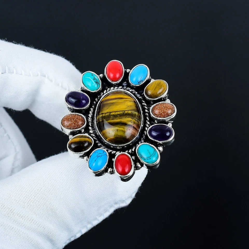 Di Tigre Occhio,Corallo Rosso & Multi Gemma Anello,Fatto 925 Anello Argento - Immagine 3 di 4