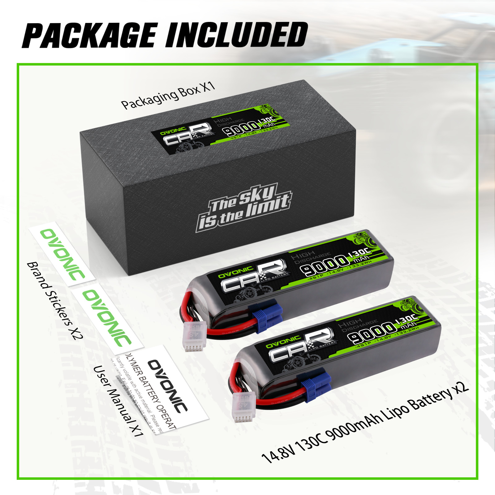 2x Ovonic 14.8V 4S 9000mAh 130C Lipo Battery EC5 for RC Car Airplane Jet Heli 
