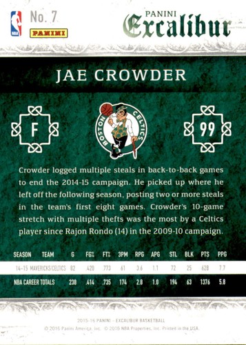 2015-16 Panini Excalibur Silver #7 Jae Crowder Rare SP Card 55/70 - 第 2/2 張圖片