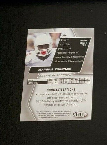 MARQUIS YOUNG 2019 SAGE HIT Premier Draft High RED AUTOGRAPH Auto UMASS COLTS - Picture 2 of 2