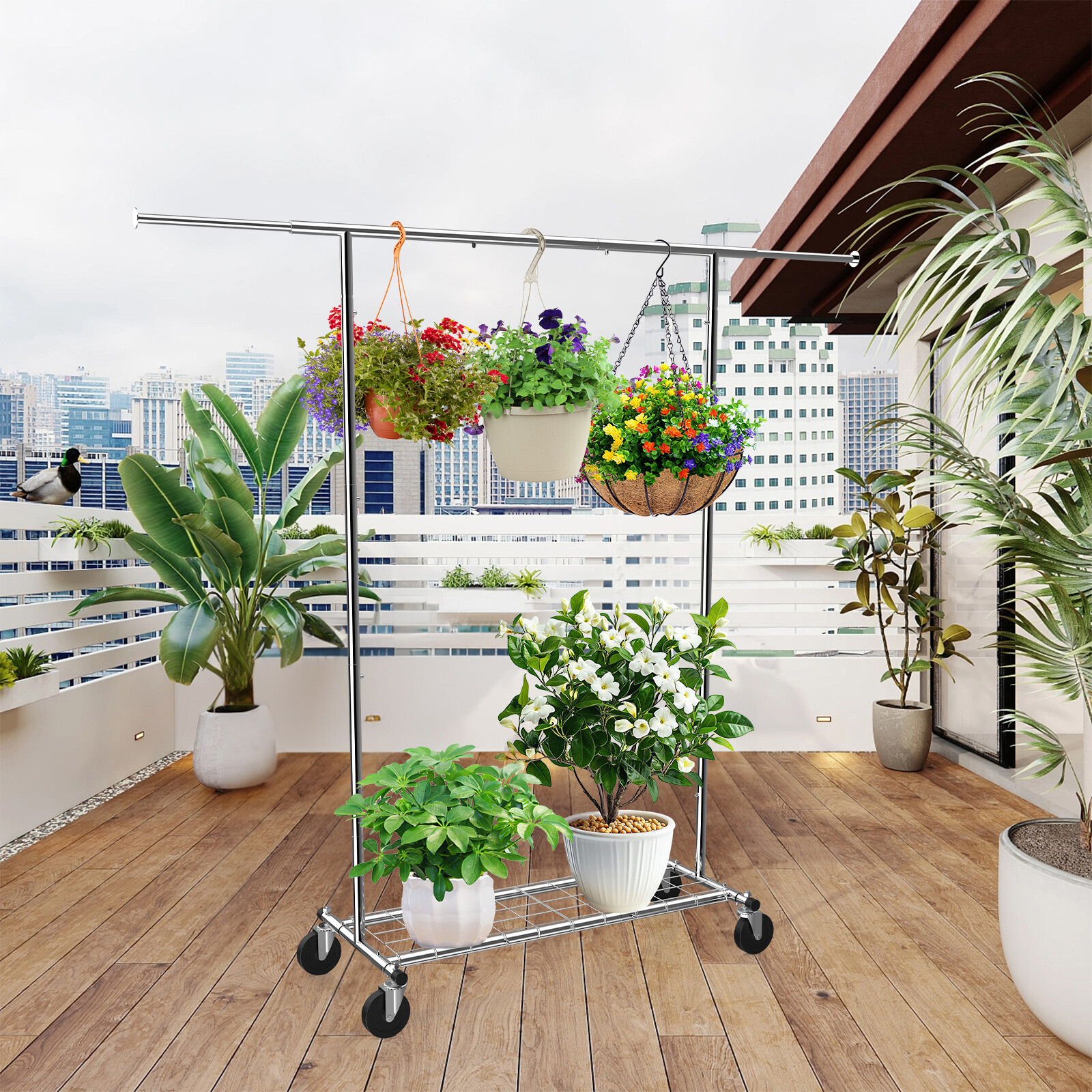 220lb Heavy Duty Collapsible 3-in-1 Rolling Clothing Rack with Metal Shelves Space Saving