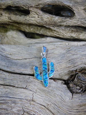 Petite Saguaro Cactus Pendant 925 Turquoise and Opal Handcrafted Silver USA NEW