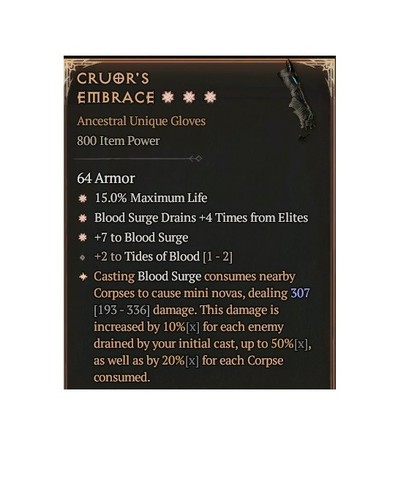 Diablo 4 S11 Cruor's Embrace 3GA 307 Unique Gloves Gear Equipment Necromancer - Picture 1 of 4