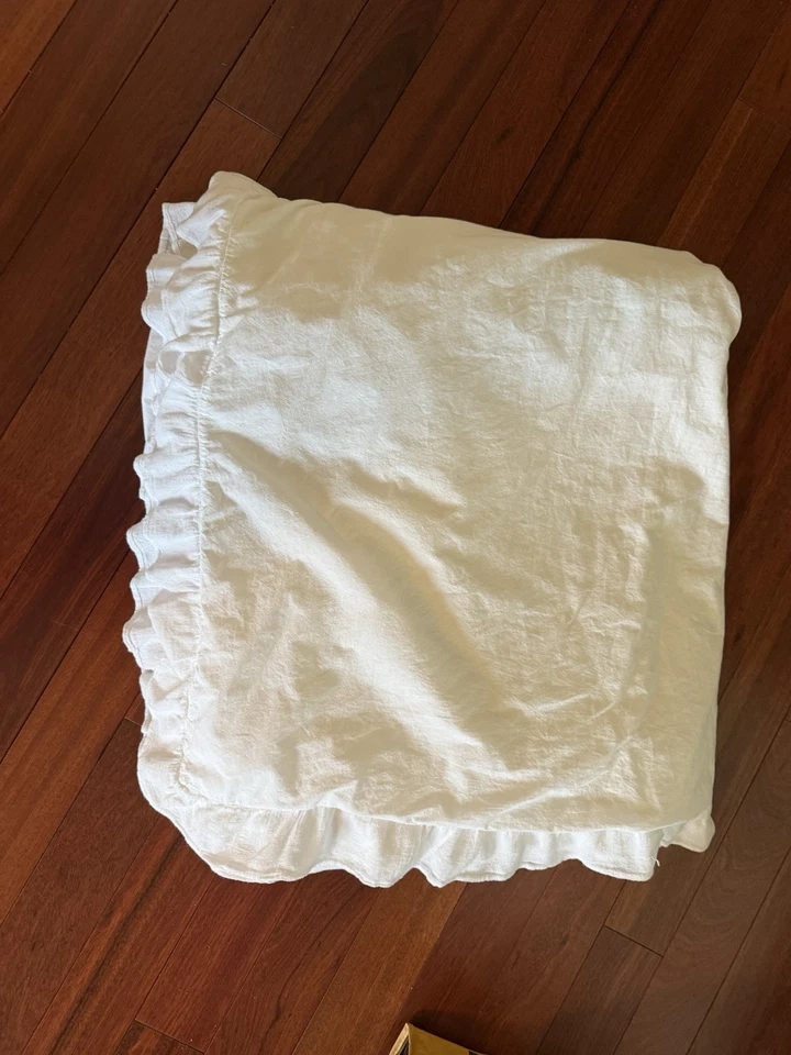 Funda nórdica de lino mezcla de algodón King 102x90 pulgadas de ancho 2 pulgadas con volantes blanca nítida Foto 4 de 4