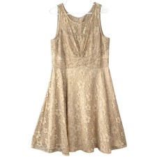 Tahari Arthur S Levine Gold Metallic Floral Lace Fit Flare Dress Womens Size 16