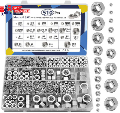 510 Pcs 2 in 1 SAE and Metric Stainless Steel Hex Nut Assortment Kit, 2#56 4#40