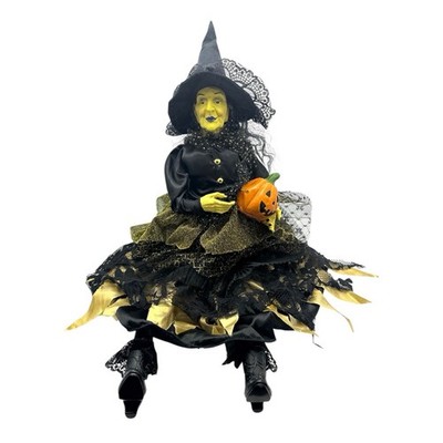 Broomstick Blvd Halloween Witch Doll 24  Black Gold Jack O Lantern Decor
