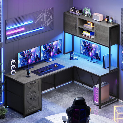 SEDETA L Shaped Gaming Desk, Reversible Computer Desk with Fabric Drawers and Po