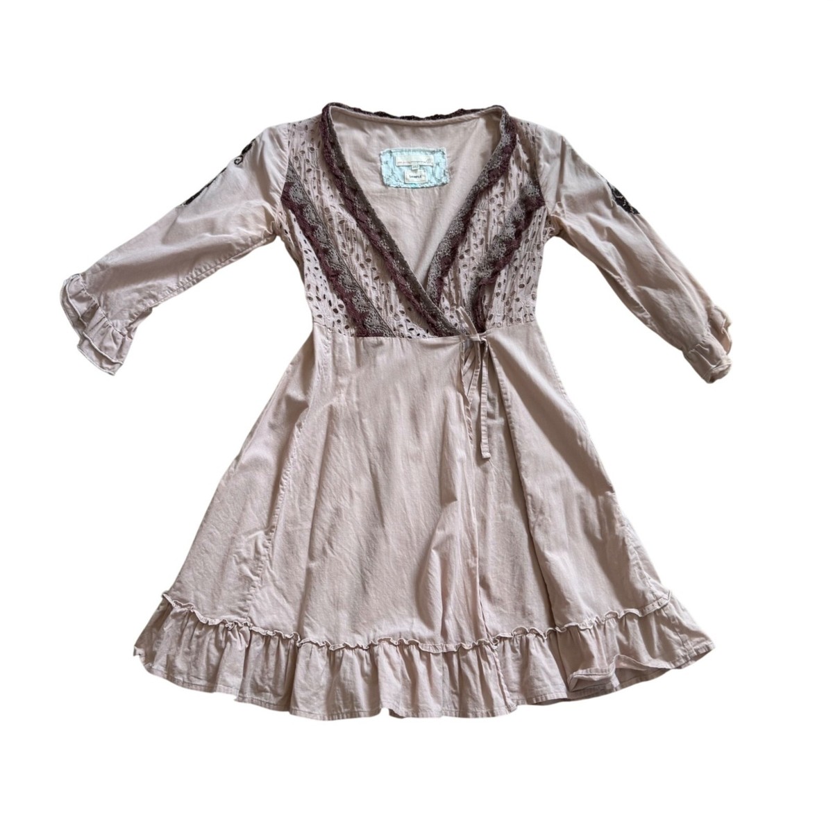 Odd Molly Women's Wrap Dress Sz S Eyelet Lace Ruffle Hem Surplice Neck Boho Pink Odd Molly Women's Wrap Dress Sz S Eyelet Lace Ruffle Hem Surplice Neck Boho Pink
