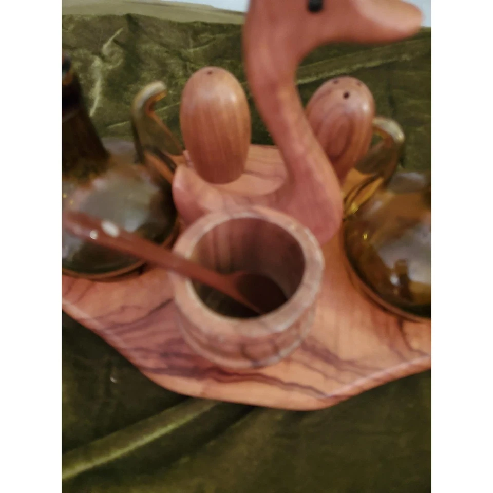 Juego de condimentos de pato de madera MCM vintage años 60 vidrio ámbar aceite vinagre sal pimienta Foto 4 de 4