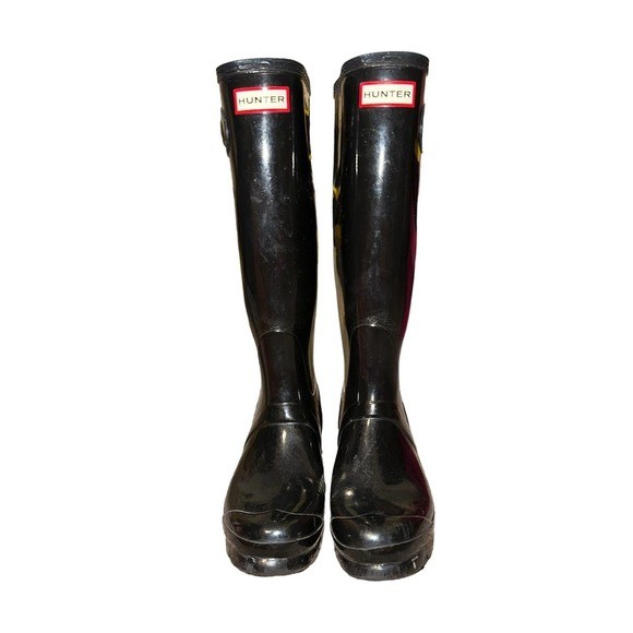 Hunter Women's Glossy Black Tall Rain Boots Size 7-image