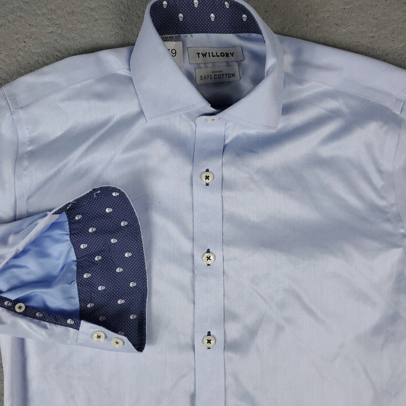 Twillory Shirt Mens Size 14.5 Blue Flip Cuff Skull Print Tailored Fit Button Up