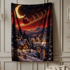 Santa Reindeer Sleigh Coral Fleece Blanket Winter Village Decor