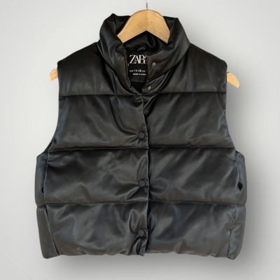 Zara Puffer Vest Jacket Girls Size 11-12 Faux Leather Black