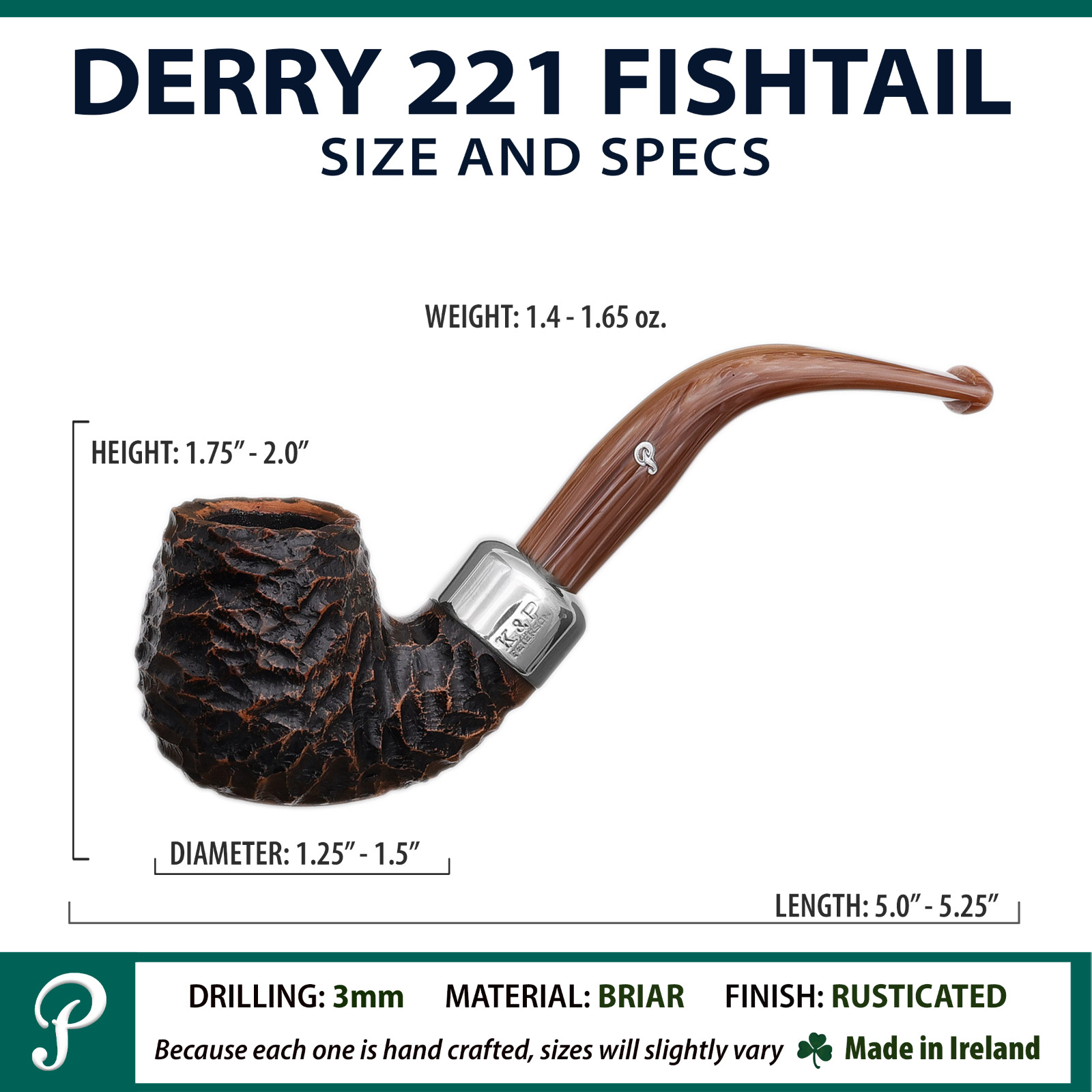 Peterson Pipes Derry Rusticated 221 Fishtail, 3mm, Bent Billiard Tobacco Pipe