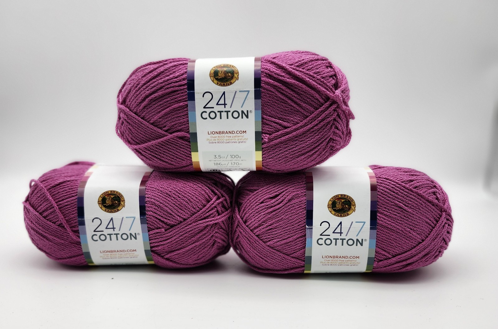 3 Lion Brand 24/7 Cotton Rose Yarn Skeins 142G 3.5oz 186yd Each