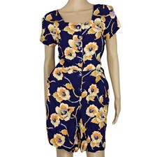 80s Does 40s Vintage Rayon Shorts Romper Playsuit Midnight Blue Yellow Floral 14