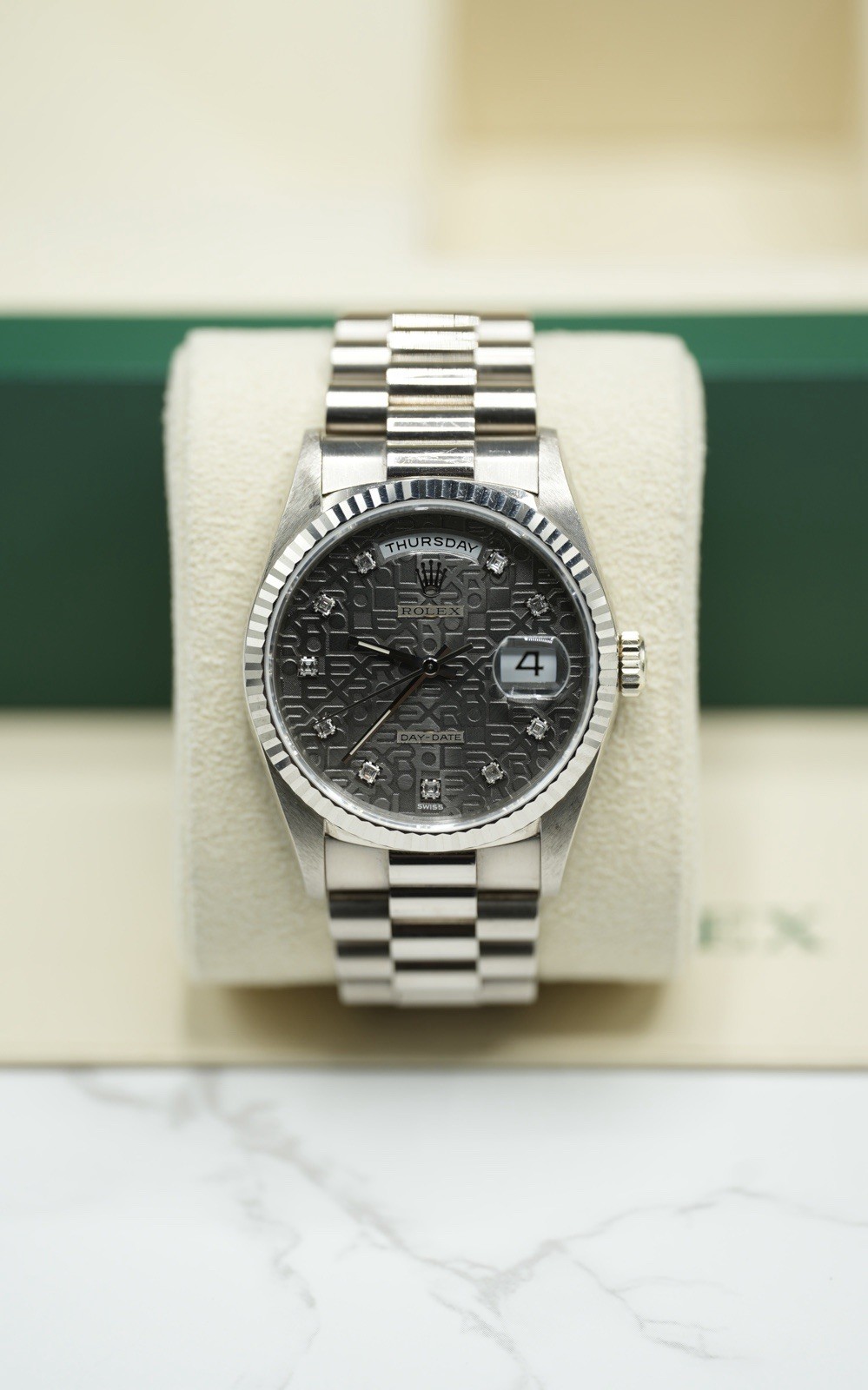 Gents White Gold Rolex Day-Date 36 18239 Rare Factory Grey Jubilee Diamond Dial