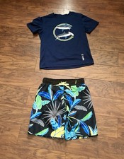 ZeroXposur Boys Shark Graphic  Floral UPF 50 Swim Trunks Set Size 8 Blue Green