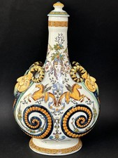 RARE magnifique GRANDE GOURDE "VENITIENNE" faïence GIEN décor MASCARONS SATYRES