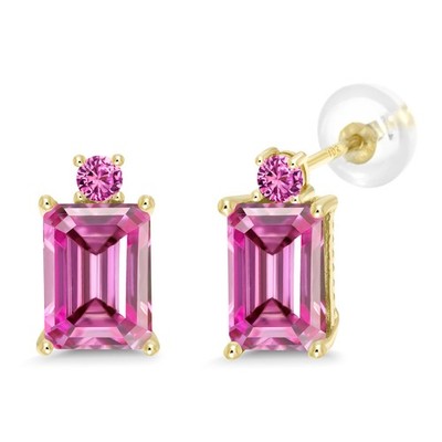 10K Yellow Gold Earrings Octagon Pink Moissanite and Created Sapphire (3.60