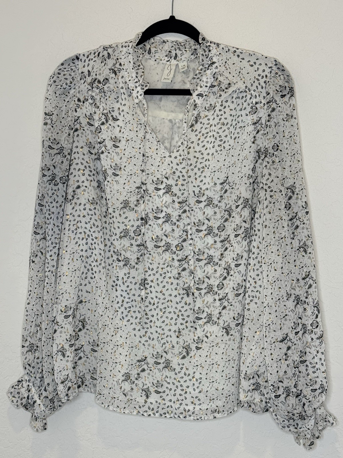 Joie Women’s White/Black/Gold Floral Sheer Lined Peasant Top Boho Fairy Coquette