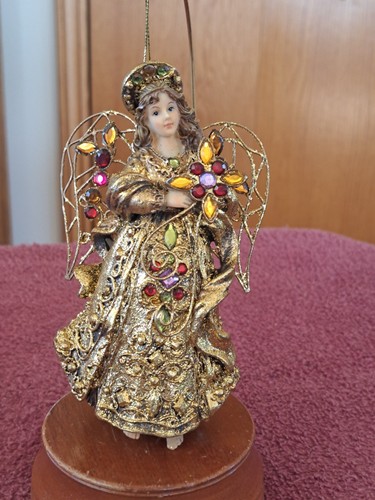 Gold Color Rhinestone Ornate Filigree Hanging Vintage Christmas Angel Ornament