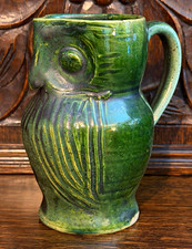 Harris Handmade England Green Owl Figural Pottery Krug