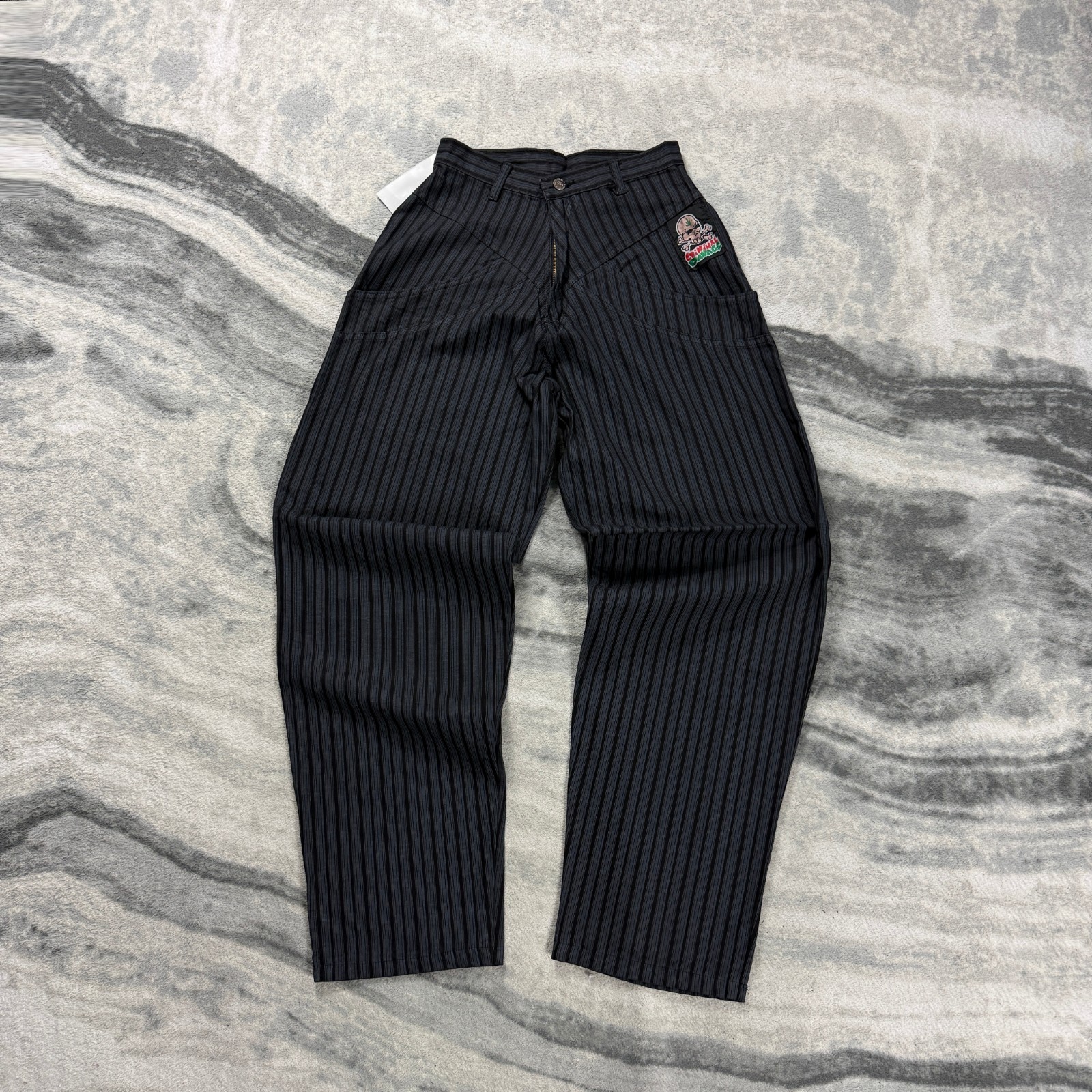 VTG Criminal Damage 2000s Black Sz 28 Skull Alt Embroidery Baggy Pinstripe Jeans image 3