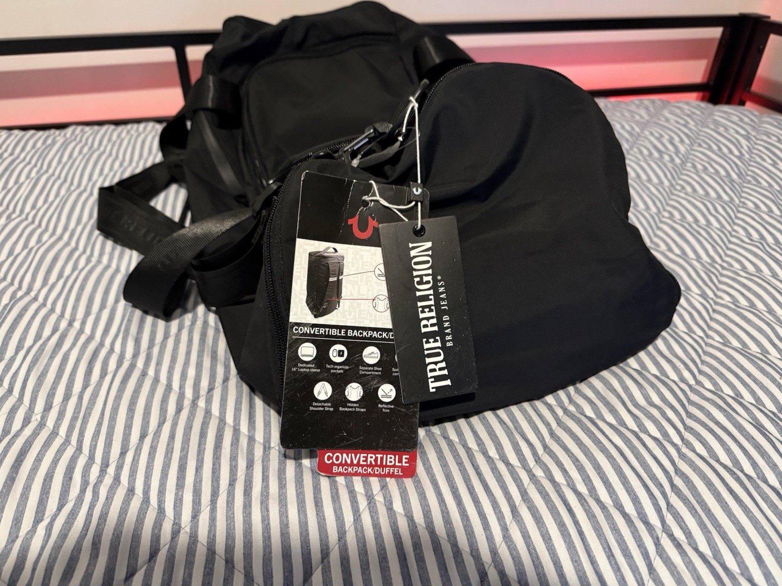 True Religion Convertible Backpack Duffel Gym Bag Black New with Tags thumbnail 13