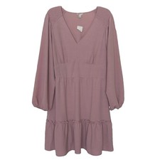 Cato Size XL Pink Smocked Shoulder V-Neck Balloon Long Sleeve Midi Dress NWT