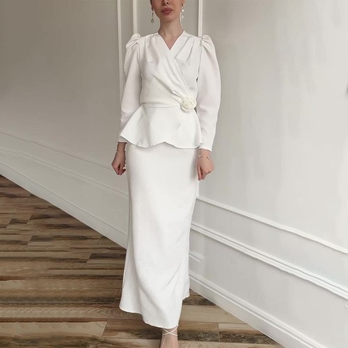 Damen V-Ausschnitt Kreuz Samt Blume Schnürung Rock Langarm A-Linie Rock Kleid - Bild 18 von 19