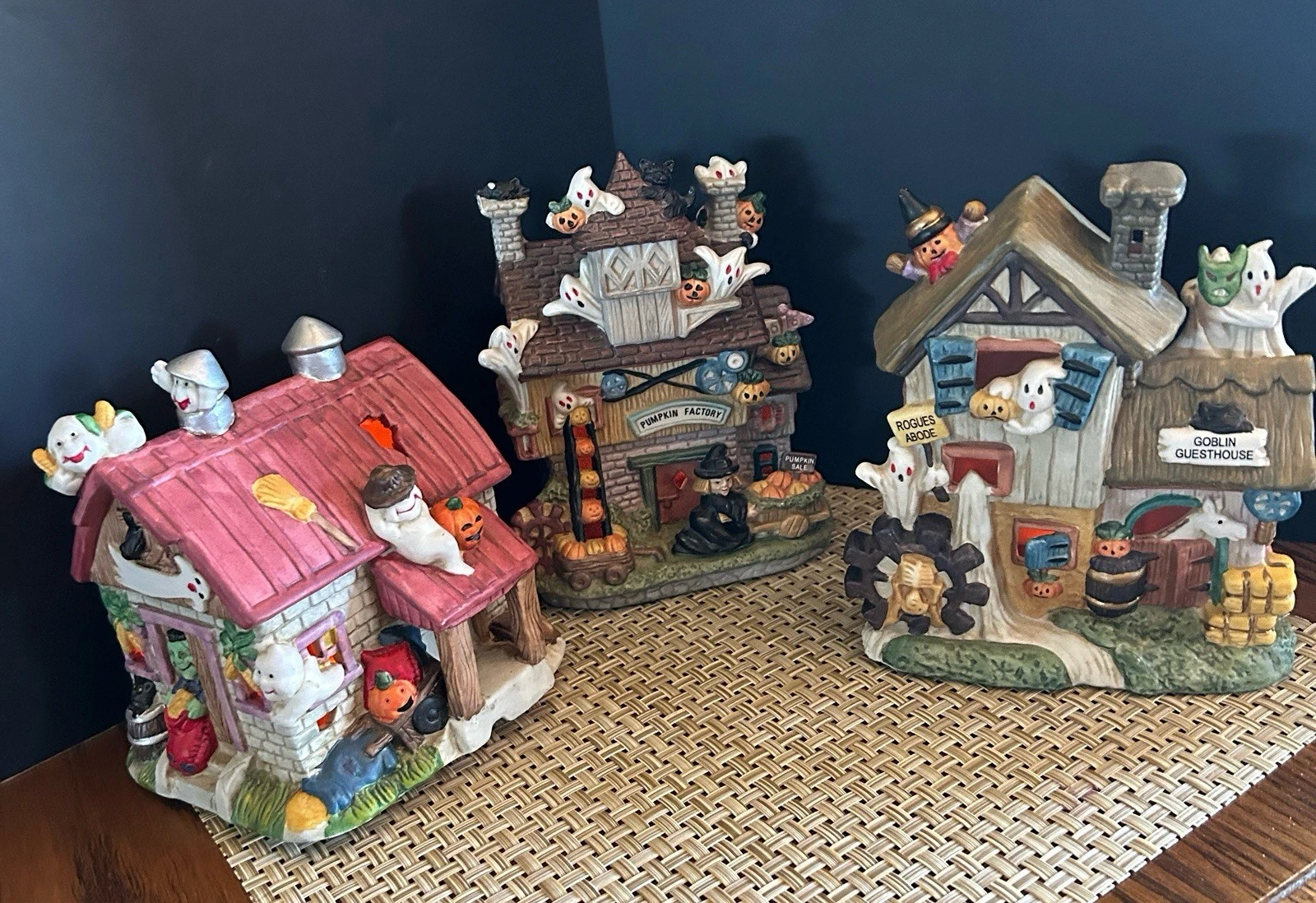 Set of 3 Halloween Village Lighted Porcelain Houses With Battery Lights