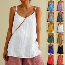 Women Strappy Linen Cotton Cami Beach T Shirts Summer Casual Loose Top Tank*Vest