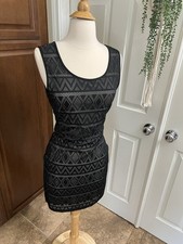 Vtg Black Lace Mesh Over Cream Party Dress Bodycon Club Goth Sz M Forever 21