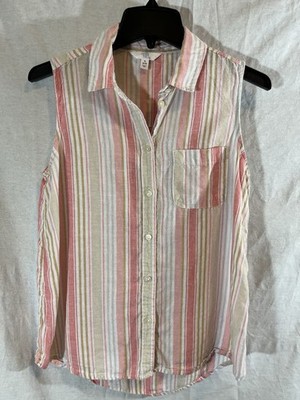 Time & Tru Women's Sleeveless Small (4-6) Pink Cream Striped Button Up Top