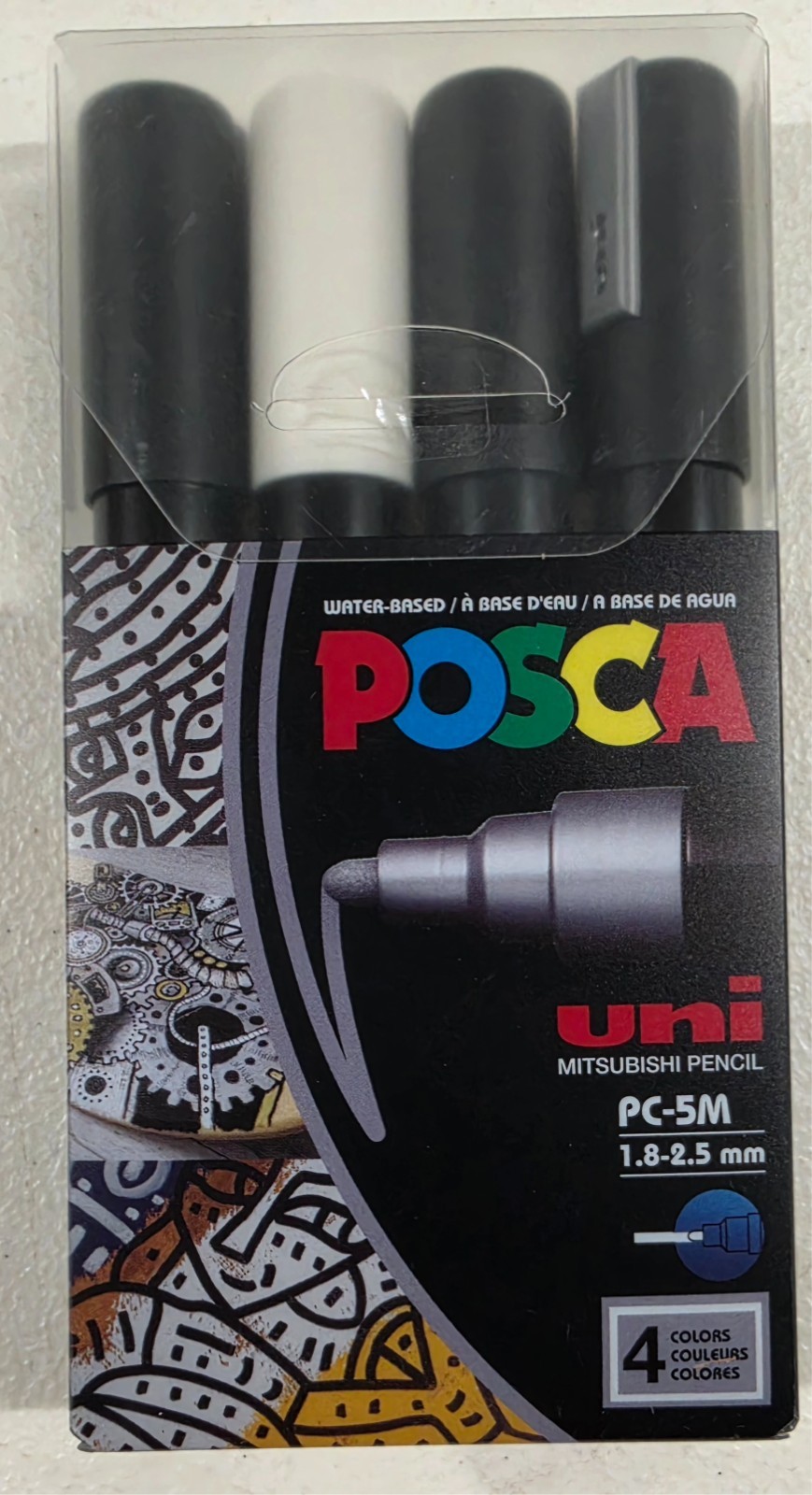 Uni POSCA Paint Marker Art Pens PC-5M Medium Set of 4 - Black/Gold/Silver/White