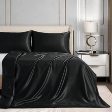 48"X72" Weighted Blanket Cover, Black Satin with 8 Ties, Silky & Removable Zippe