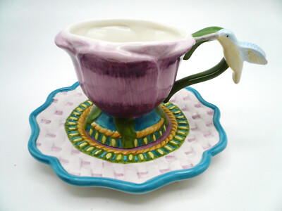 2000 CBK Ltd Hand Painted ~ HUMMINGBIRD HANDLE ~ Whimsical Cup & Saucer